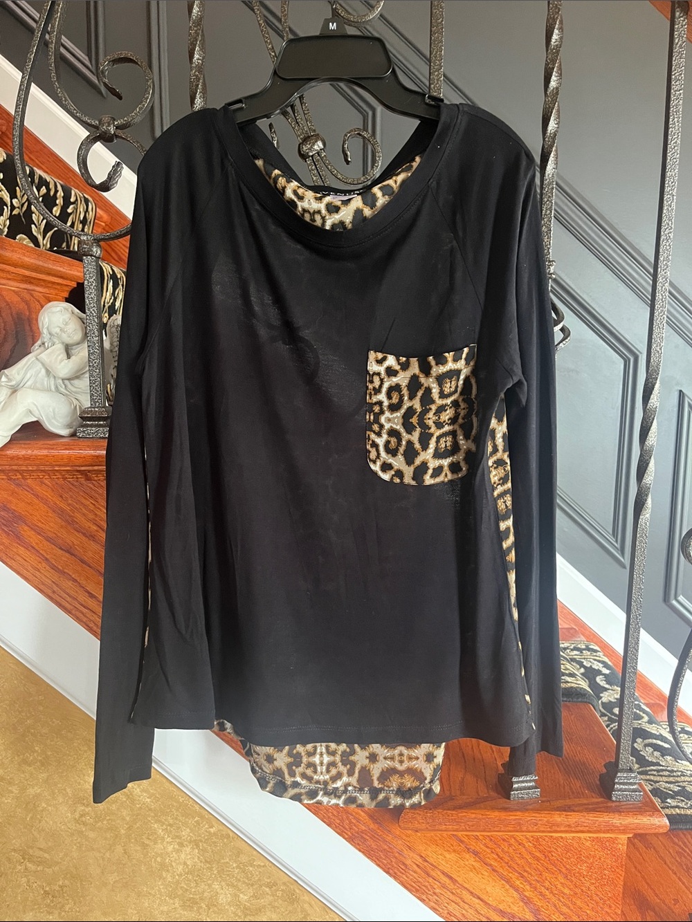 VENUS Black Long Sleeve Scoop Neck Top with Leopard Back, Pocket and Trim Size S